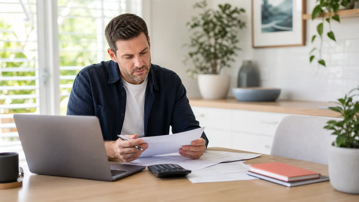 Homeowner reviewing annual home-loan paperwork with a laptop and calculator