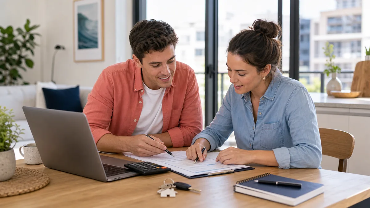 First-home buyers preparing a property checklist with keys, laptop, and calculator